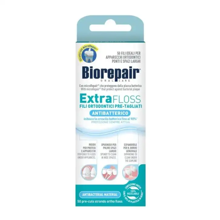 Biorepair Extra Floss fili ortodontici interdentali pre-tagliati antibatterici 50 pezzi - Biorepair