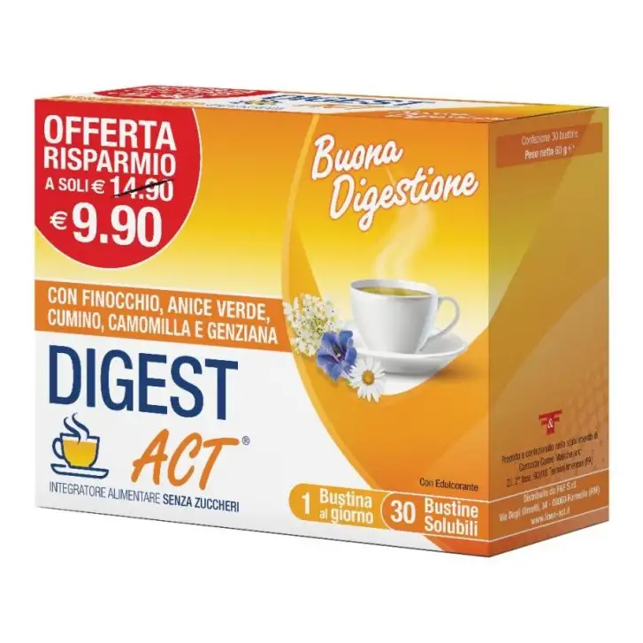 Digest Act Integratore Digestivo Naturale con Finocchio e Anice 30 Bustine Solubili - F&F