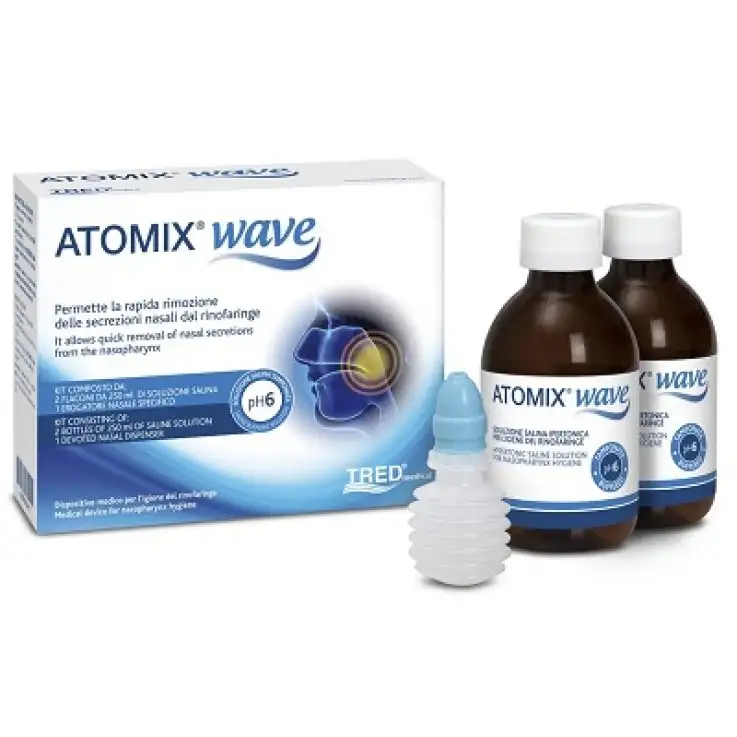 ATOMIX WAVE DISPOSITIVO PER IGIENE RINOFARINGEA ATOMIX SOLUZIONE SALINA 250 ML 2 PEZZI + TERMINALE NASALE + EROGATORE ASOFFIETTO